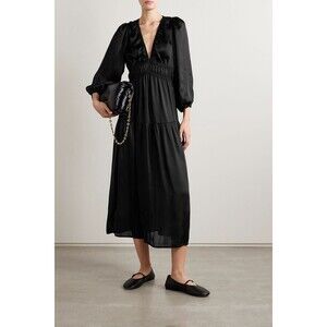 The Great. Brook Gathered Charmeuse Midi Dress Pull Sleeve Party S-1 New 279869